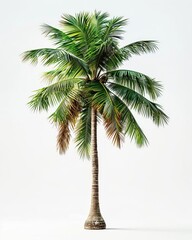 Obraz premium Photorealistic render of a single palm tree. The palm tree is tall and has a full head of green leaves. The trunk is brown and has a rough texture. The palm tree is set against a white background.