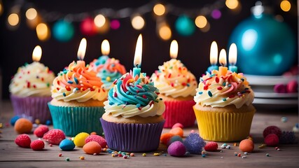 Cupcakes with candles for a birthday party that are vibrant and joyful