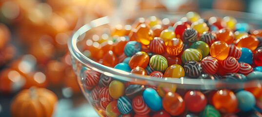 A close-up of a Halloween candy bowl filled with a variety of colorful candies and chocolates - Powered by Adobe