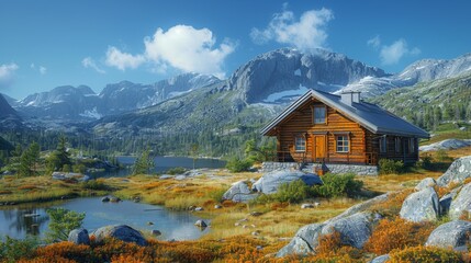 Isolated house in the mountains, beautiful typical northern European house in an isolated landscape.