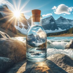 Obraz premium A serene mountain landscape captured within a small glass bottle, set against a dramatic river and sunset background.. AI Generation