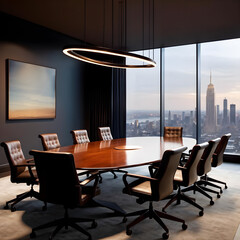 Interior of Corporate Office Conference Meeting Room With Chairs Company Board Executive Professional Work Setting City Skyline Backdrop	