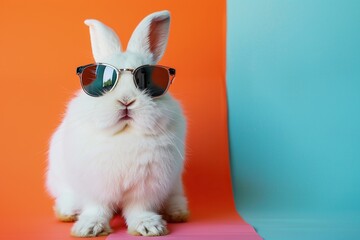 a white rabbit with a pink nose and closed mouth stands in front of a blue wall, wearing black sunglasses