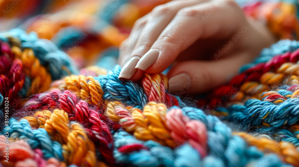 Poster a hand is touching a colorful blanket with a blue, yellow, and red stripe. the hand is touching the 