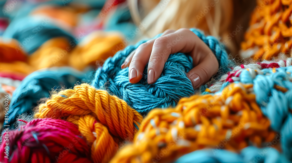 Poster a hand is touching a colorful blanket with a blue, yellow, and red stripe. the hand is touching the 