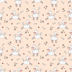 Cute Cartoon Poodle Seamless Pattern: Kids Fabric and Wallpaper Design with Peach Color Background