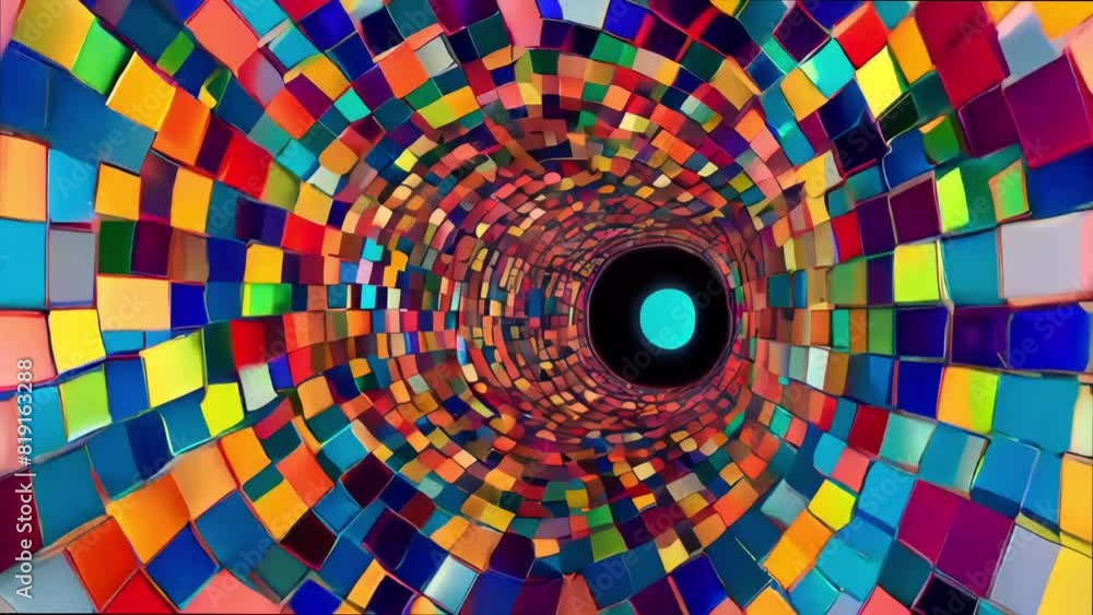 Aufkleber a vibrant multicolored square tunnel pattern that draws the eye towards a central dark circle, sugge