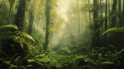 rainforest fog enhances the exotic beauty of the lush green vegetation