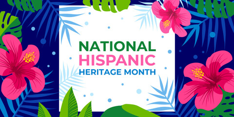 Hispanic heritage month. Vector web banner, poster, card for social media, networks. Greeting with national Hispanic heritage month text, hibiscus on blue background with pink, yellow color. © dsnovik