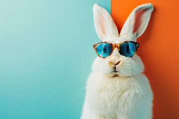 a rabbit wearing sunglasses stands in front of a blue wall, with a closed mouth and a pink nose, while a white cat looks on