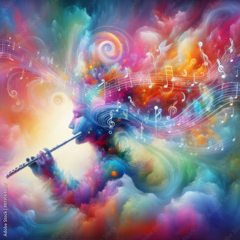 Poster abstract and colorful representation of a musician playing the flute, with swirling notes and vibran