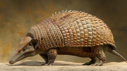 Toy armadillo walking on sandy surface, suitable for children's educational materials
