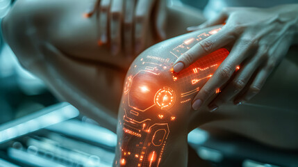 A woman is sitting on a chair with her legs crossed. The image is a computer-generated drawing of a woman's legs with red and blue dots. Concept of technology and artificiality