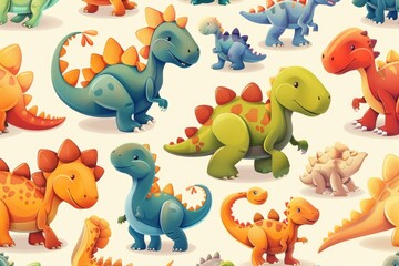 A group of various colored dinosaurs on a plain white background. Suitable for educational materials