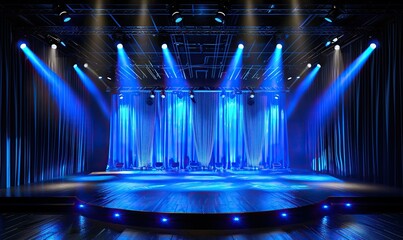 a blue stage illuminated by blue lights and a blue light, set against a backdrop of a blue ceiling...