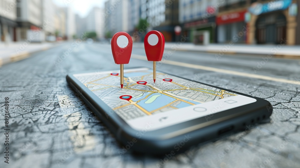 Poster a smartphone with a map on the screen is placed on a white and yellow line, next to a red sign and a