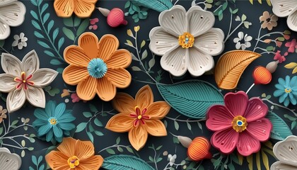 Beautiful floral elegant colorful abstract paper cut flowers embroidered fabric seamless pattern of hand drawn flowers decorative wallpaper background