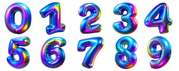 Obraz premium Set of holographic luxury 3D Numbers and Characters. Golden metallic shiny bold symbols on a transparent background. Good set for wealth and jewel concepts. PNG