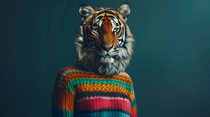 A tigers head on a human body wearing a vibrant sweat
