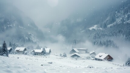 A fierce blizzard engulfing a small mountain village, with heavy snow and strong winds reducing visibility, creating a harsh yet beautiful winter landscape