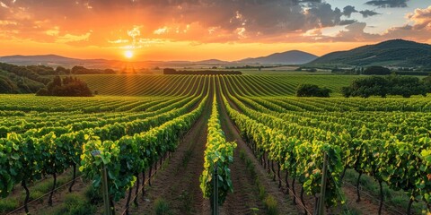 Summer vineyard landscape against sunset background, ripe red blue white grapes and making the best...
