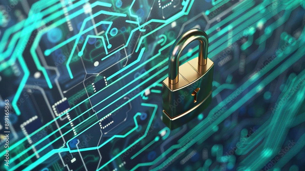 Poster a close - up of a padlock on a computer screen, with a black handle visible on the left and a blue w