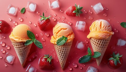 A light red background, a fresh and cool summer mood, a minimalist composition, orange ice cream.
