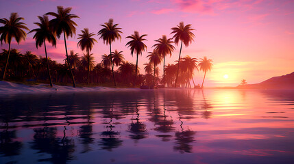 Obraz premium A serene sunset scene with palm trees reflected in the calm water
