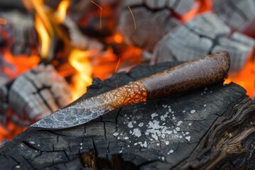A knife placed on a wooden surface. Ideal for culinary or outdoor themes