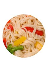 Delicious Asian dish rice noodles or udon with vegetables, spices and herbs