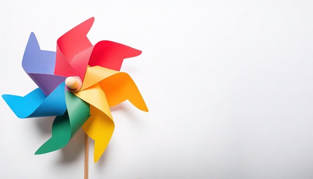 pinwheel or windmill paper origami isolated on white background simple starter craft for kids for weekend entertainment. ESG and Clean Energy Concept. Wind Turbine Paper into the Sky. Decrease Carbon