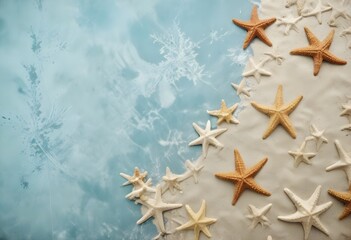 Assorted seashells and starfish on a blue wooden background