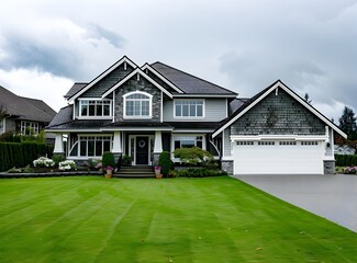 front of beautiful home in the British Columbia, Canada with large garage and driveway on cloudy day