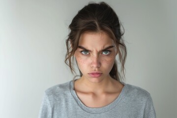 angry young woman looking at the camera on white background