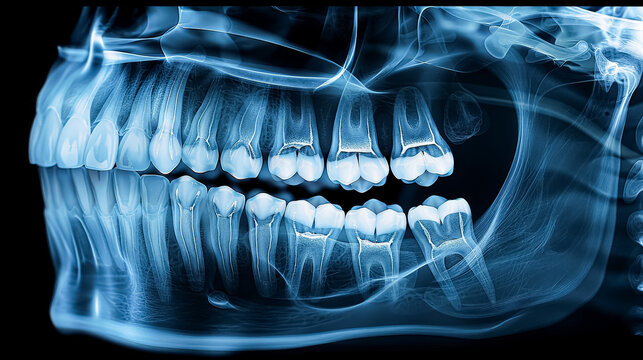 A close up of a person's teeth with a black background. The teeth are shown in a very detailed manner, with each tooth clearly visible. Concept of importance and focus on dental health