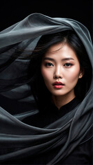 Stunning Asian Beauty. Close-Up Portrait with Flowing Black Silk and Dramatic Lighting