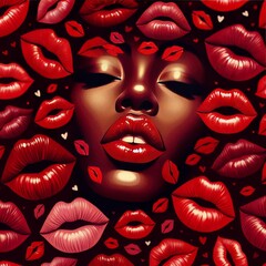 Artistic representation featuring an array of glossy, floating lips and partial faces against a dark background.. AI Generation