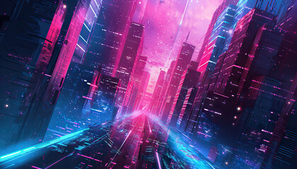 Fototapeta na wymiar Abstract Digital Artwork with Neon Cityscape - Add an urban vibe with this abstract digital artwork featuring a neon cityscape, perfect for creating a futuristic and energetic look.