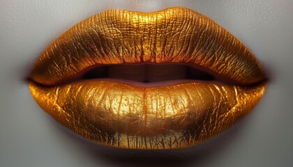 a pair of gold painted human lips on a solid white backgroumd