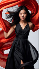 Stunning Asian Beauty. Close-Up Portrait with Flowing Black Silk and Dramatic Lighting