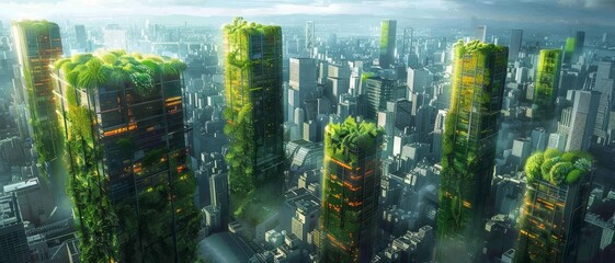 Vertical garden skyscrapers, floating holograms of plant species, futuristic cityscape, digital painting, cyberpunk style