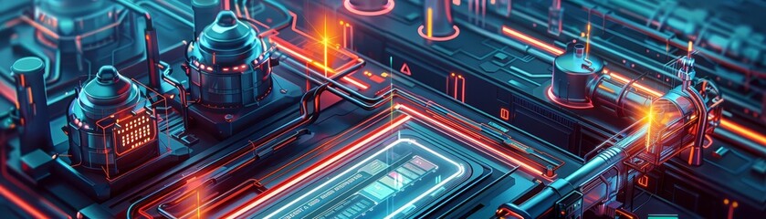 Obraz premium AIdriven waste processing plant with holographic interface, industrial setting, neon hues, digital illustration, high detail