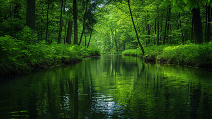 Nature's Harmony: Flowing River and Forest Reflection