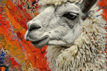 Close up of a sheep's face with a colorful background. Suitable for various design projects