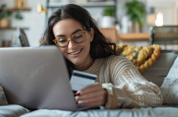 A young woman on the couch, holding her credit card and smiling while shopping online with laptop
