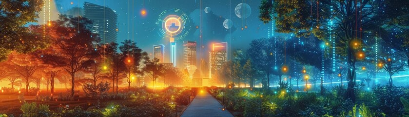 Obraz premium Holographic display of renewable energy sources in a city park, natural setting, bright neon, digital painting, whimsical