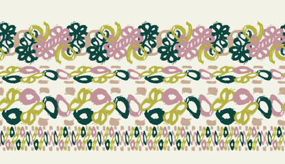 Summer meadow botanical hand drawn vector border. Retro fashion garden backdrop for decorative green pink floral seamless bordur. 