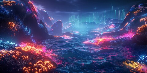 Obraz premium Holographic projection of ocean cleanup data, marine environment, neon hues, photorealistic, high resolution