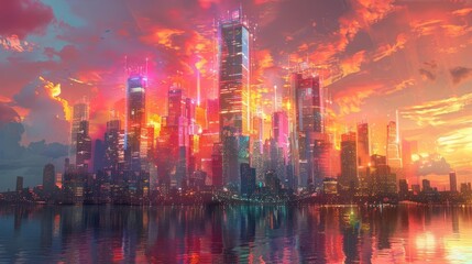 Fototapeta premium Holographic urban renewal plan in a cityscape, vibrant colors, digital painting, high detail, futuristic