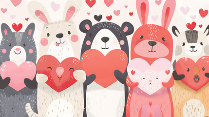 Cute Valentine's Day animals carrying hearts illustration. Love romantic card banner